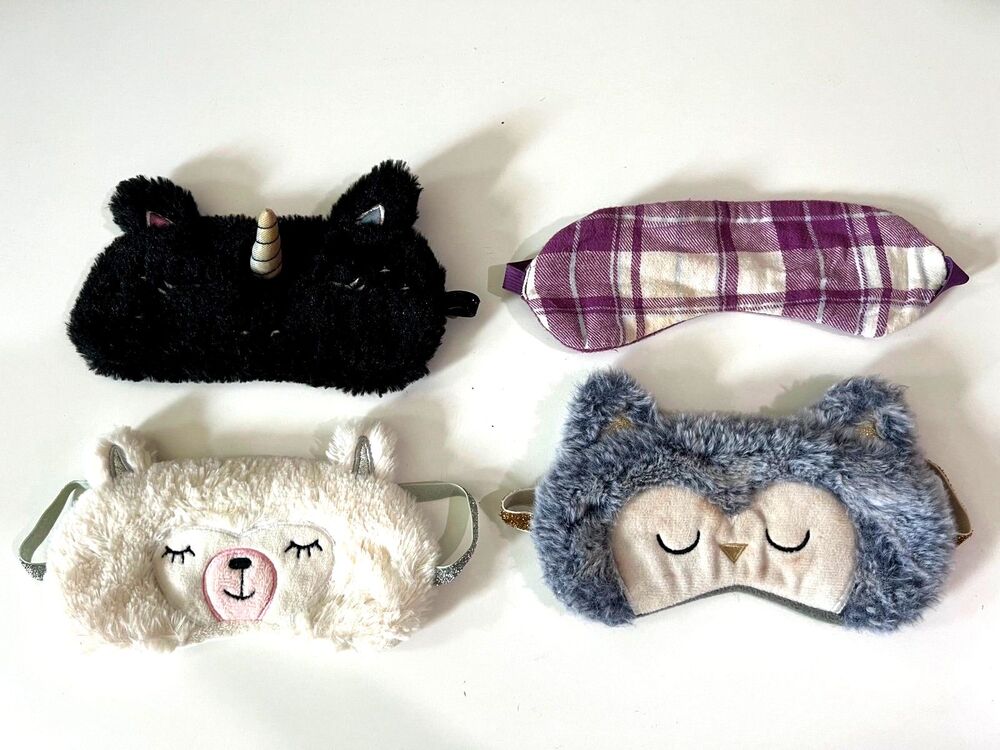 4 Kids Child Sleeping Animal Eye Masks  - Unicorn, Bear, Cat, Purple Plaid